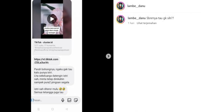 Meylisa Zaara diduga pernah teror istri sah pejabat yang melamarnya (Instagram/@lambe__danu)