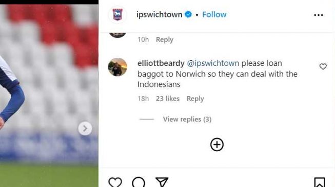 Salah satu fan Ipswich Town menghina Elkan Baggott dalam unggahan foto di akun Instagram resmi klub, @ipswichtown. [tangkapan layar/IG:ipswichtown]