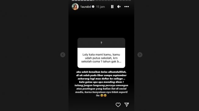 Lolly tegaskan dirinya tidak putus sekolah (Instagram/@1aurabd)