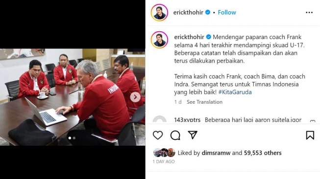 Unggahan Ketua Umum PSSI, Erick Thohir terkait rapat bersama Indra Sjafri, Waketum PSSI Zainudin Amali dan konsultan Frank Wormuth terkait evaluasi Timnas Indonesia U-17. [Twitter/@erickthohir]