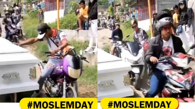 Viral Penghormatan Terakhir Untuk Ketua Geng Motor yang Meninggal, Pria Ramai-ramai Geber Motor di Depan Peti Mati