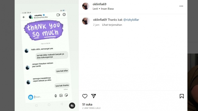 Aku fake Oklin Fia unggah dukungan dari Rizky Billar (Instagram/@oklinfia69)