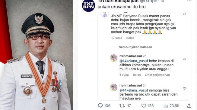 Kolase foto Rahmad Mas'ud dan percakapannya dengan warganet. [Ist]