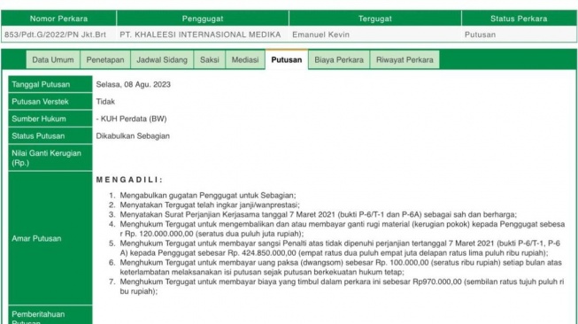 Putusan Pengadilan Wanprestasi Kevin Hillers (Website Pengadilan Negeri Jakarta Barat)