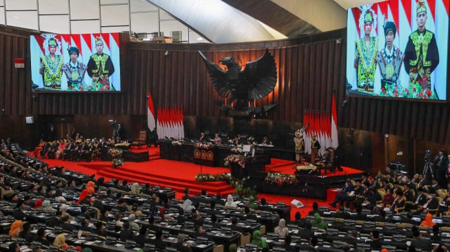 Suasana jalannya Sidang Tahunan DPR MPR di Gedung Nusantara, Kompleks Parlemen, Senayan, Jakarta, Rabu (16/8/2023). [Suara.com/Alfian Winanto/Pool via Dokumentasi Parlemen]