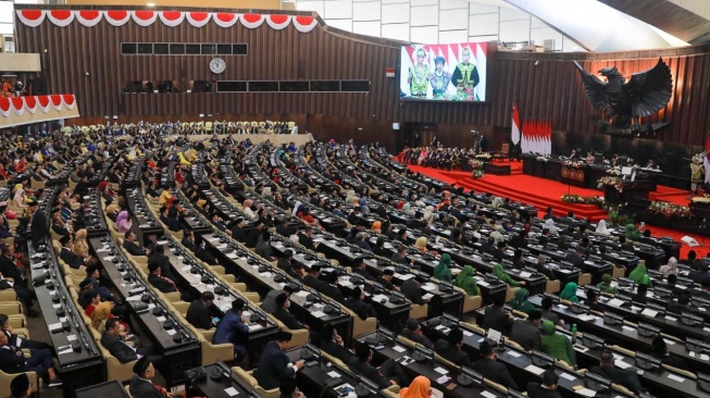 Suasana jalannya Sidang Tahunan DPR MPR di Gedung Nusantara, Kompleks Parlemen, Senayan, Jakarta, Rabu (16/8/2023). [Suara.com/Alfian Winanto/Pool via Dokumentasi Parlemen]