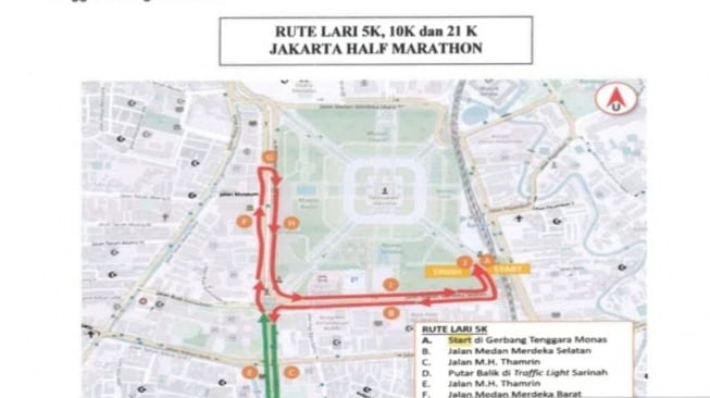 Rute Jakarta Half Marathon pada Minggu (20/8/2023) yang akan dimulai pukul 05.00-10.00 WIB. [Dok. Dishub DKI Jakarta]