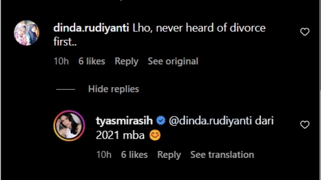 Tyas Mirasih menjawab pertanyaan netizen yang mengira belum bercerai (Instagram/@tyasmirasih)
