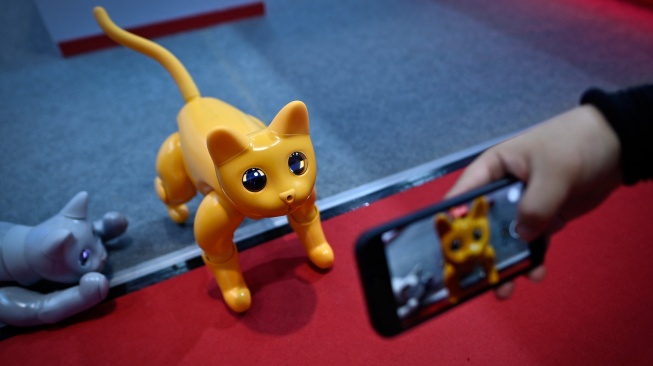 Seorang pria menggunakan ponsel untuk memotret anak kucing robot pada Konferensi Robot Dunia 2023 di Beijing, China, Rabu (16/8/2023). [WANG Zhao / AFP]
