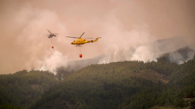 Sebuah helikopter menjatuhkan air untuk memadamkan kabakaran hutan di Tenerife, Kepulauan Canary, Spanyol, Minggu (20/8/2023). [DESIREE MARTIN / AFP]