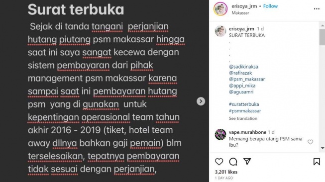 Seorang perempuan bernama Shesie Erisoya mengklaim PSM Makassar belum melunasi hutang kepadanya sebesar Rp5,6 miliar. [Instagram/@erisoya_jrm]