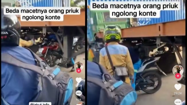 Pemotor Nekat Nyelip di Kolong Truk Kontainer Demi Hindari Macet, Aksinya Bikin Ngeri