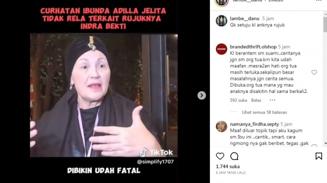 Unggahan soal ibu Aldila Jelita [Instagram/@lambe__danu]