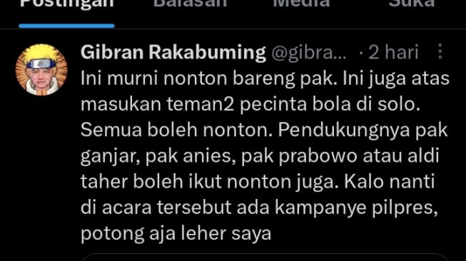 Tangkapan layar postingan Gibran yang mengomentari tudingan acara nonbar buat kampanye pilpres. [Twitter]