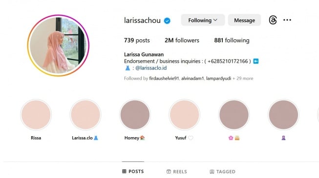 Larissa Chou menambahkan nama "Gunawan" di akun Instagram-nya. 