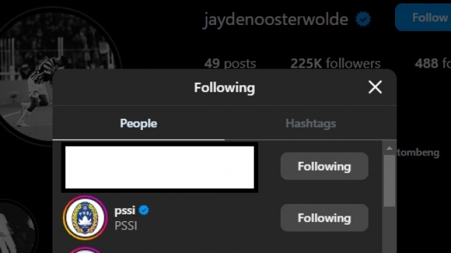Jayden Oosterwolde follow akun PSSI(Instagram/jaydenoosterwolde)