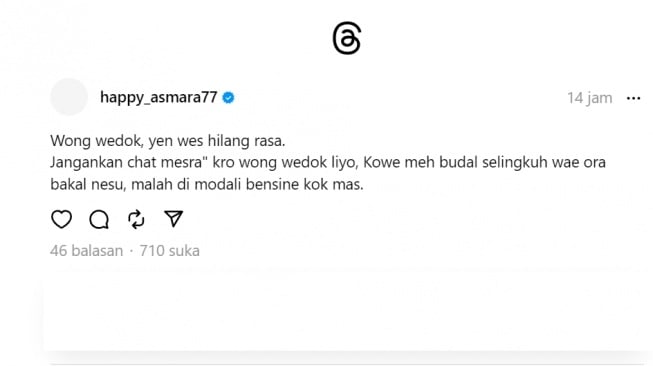 Happy Asmara unggah status galau (Threads/@happyasmara)