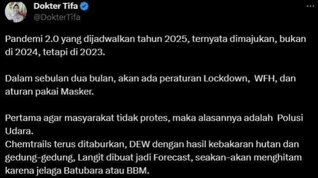 Viral Dokter Tifa Klaim Akan Ada Lockdown Gegara Pandemi 2.0 di 2023. (Twitter)