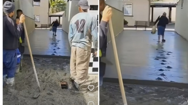 Momen Emak-Emak dengan Santai Jalan di Cor Basah, Tukang Hanya Bisa Pasrah