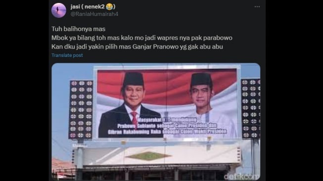 Foto Gibran Rakabuming dipasangkan dengan Prabowo di Baliho NTT. (twitter/RaniaHumairah4)