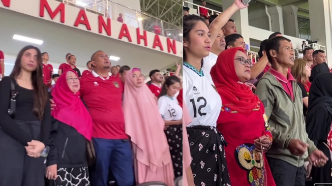 Orang tua Pemain Timnas Indonesia Pratama Arhan terus berdzikir saat memberikan dukungan di Stadion Manahan Solo. [Instagram]