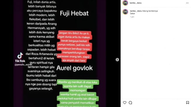 Akun diduga fans Fuji sindir keluarga Aurel Hermansyah dan Aaliyah Massaid (instagram)