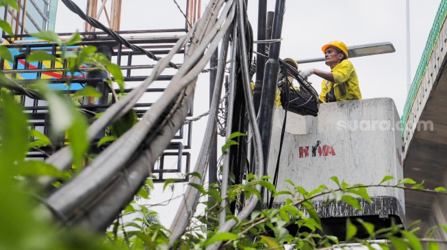 Petugas Dinas Bina Marga DKI Jakarta melakukan penataan kabel utilitas di sekitar Jalan Kapten Tendean, Jakarta, Kamis (14/9/2023). [Suara.com/Alfian Winanto]