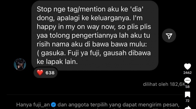 Fuji jengah masih terus dikaitkan dengan Thariq Halilintar dan keluarga. [Instagram]