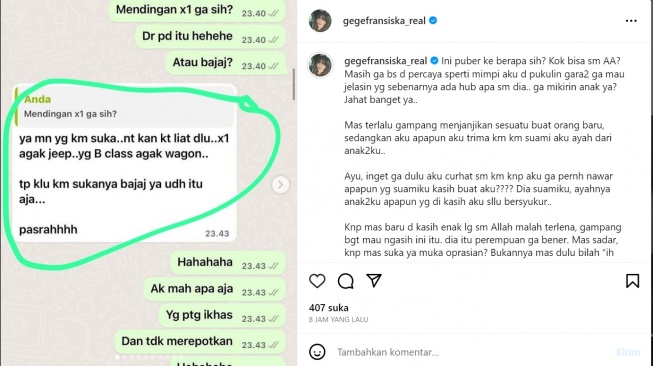 Gege Fransiska unggah chat mesra suaminya dengan AA (Instagram/@gegefransiska_real)