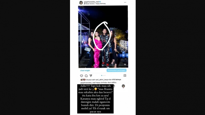 Gege Fransiska singgung soal istri ketiga dan unggah foto Ayu Aulia (Instagram/@gegefransiska_real)