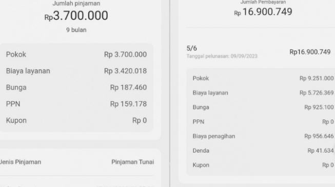 Pinjaman online dengan biaya layanan nyaris 2 kali lipat dari pinjaman pokok. (Twitter)