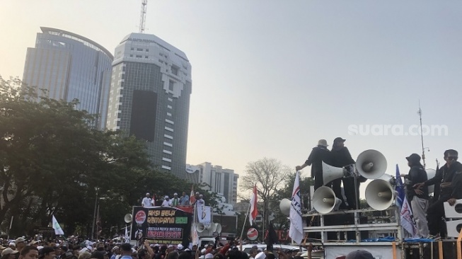 Aksi 209 Bela Rempang yang digelar FPI dkk di kawasan Patung Kuda, Jakarta Pusat. (Suara.com/Faqih)