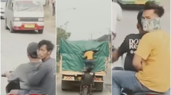 Tangkapan layar video virak aksi bajing loncat di Jalan Raya Cilegon-Anyer, Ciwandan, Kota Cilegon Banten. [Instagram @kabarnegeri]