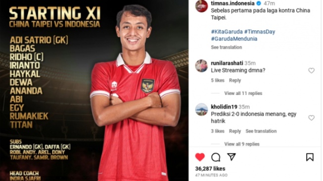 Sebelas Pertama Timnas U-23 vs. China Taipei di Asian Games Malam Ini