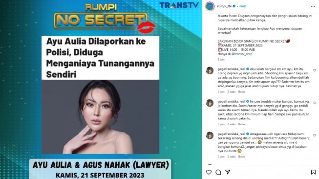 Curahan hati Gege Fransiska terkait Ayu Aulia (instagram)