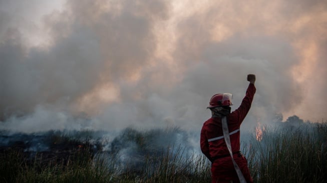 Petugas Manggala Agni Daops Banyuasin memberikan kode saat berupaya memadamkan kebakaran lahan di Desa Muara dua, Kecamatan Pemulutan, Kabupaten Ogan Ilir (OI), Sumatera Selatan, Kamis (21/9/2023). [ANTARA FOTO/Nova Wahyudi/rwa]