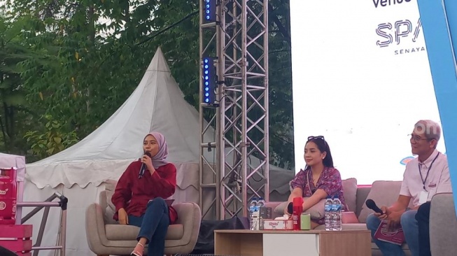 Nagita Slavina saat konferensi pers Jajarans di Senayan Park, Jakarta Pusat pada Sabtu (23/9/2023) [Suara.com/Rena Pangesti]