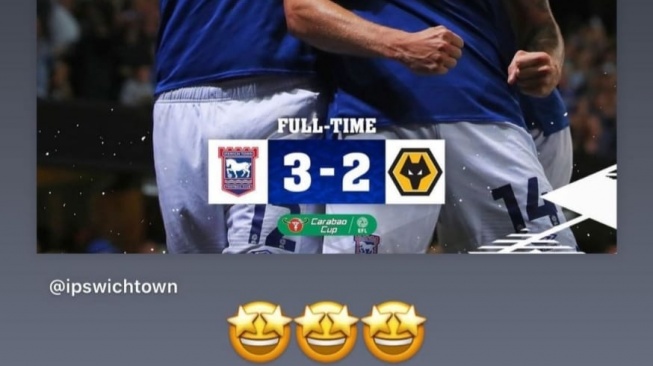 Reaksi pemain Timnas Indonesia Elkan Baggott setelah Ipswich Town kalahkan Wolves dalam laga Piala Liga Inggris (Instagram Elkan Baggott)