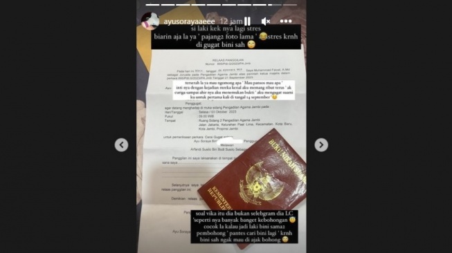 Tangkapan Layar Instagram Stories Ayu Soraya, istri sah Ko Apex 