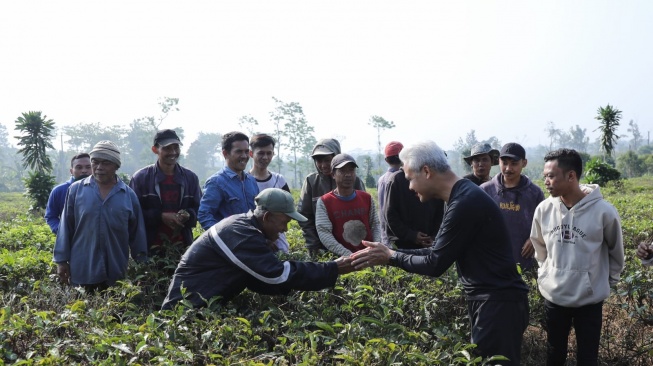 Momen Ganjar dan Siti Atikoh Jalan Pagi Sambil Berbincang dengan Petani Kebun Teh di Cianjur