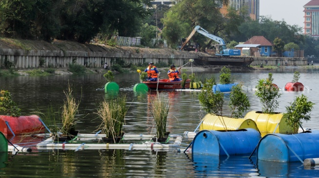 Petugas menyiram tanaman yang ada di dalam Pot Apung di Waduk Melati, Jakarta, Jumat (6/10/2023). [Suara.com/Alfian Winanto]