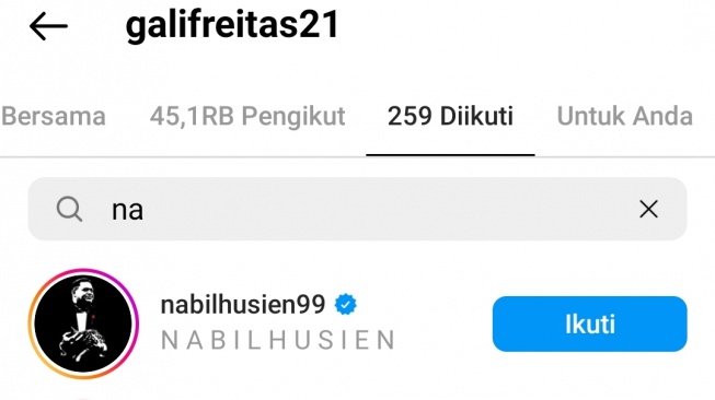 Tangkapan layar, Gali Freitas dan Nabil Husien pemelik klub Borneo FC saling follow di Instagram. 