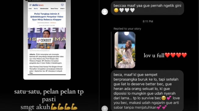 Instastory Rebecca Klopper usai pelaku penyebar video syurnya ditangkap. (Instagram/ rklopperr)