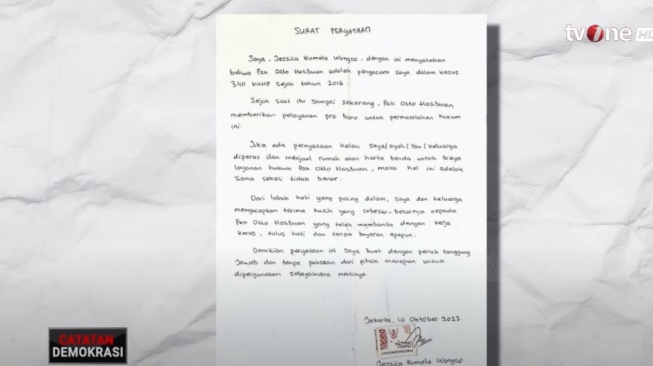 Surat pernyataan Jessica Wongso. (YouTube/ tvOneNews)