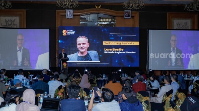 IMS Asia Regional Director, Lars Bestle memberikan sambutan saat gelaran Lokal Media Summit (LMS) 2023 di Hotel Aryaduta, Jakarta, Rabu (11/10/2023). [Suara.com/Alfian Winanto]