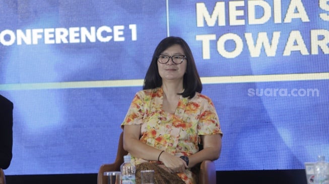 Founder Pigijo.com Claudia Ingkiriwang saat menjadi narsum Local Media Summit 2023 di Hotel Aryaduta, Menteng, Jakarta Pusat, Rabu (11/10/2023). [Suara.com//Alfian Winanto]