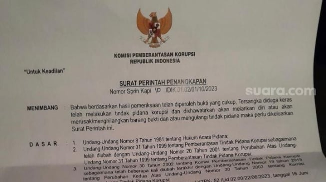 Surat penangkapan eks Menteri Pertanian (Mentan) Syahrul Yasin Limpo (SYL) yang diteken Firli Bahuri selaku penyidik. (ist)