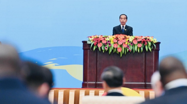 Presiden Joko Widodo atau Jokowi berpidato pada Pembukaan KTT ke-3 BRF, Beijing, China, Rabu (18/10/2023). (Laily Rachev - Biro Pers Sekretariat Presiden)