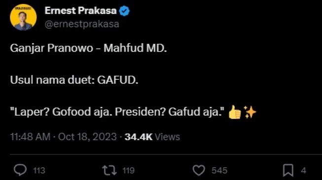 Cuitan Ernest Prakasa soal Usulan Nama Duet Ganjar Pranowo - Mahfud MD. (Twitter)