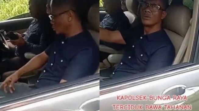 Viral Kapolsek Bungaraya bawa tersangka korupsi jalan-jalan ke kebun sawit. (Twitter)